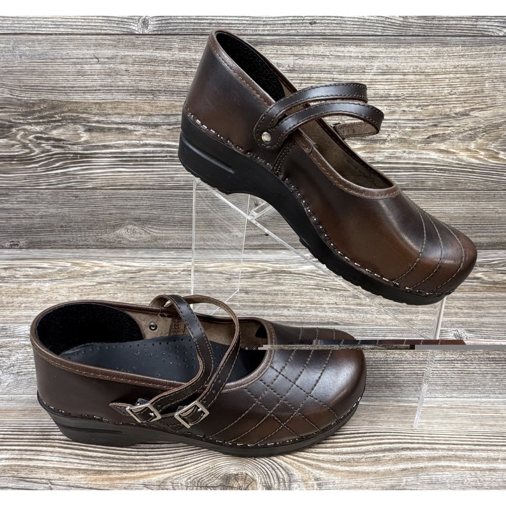 SANITA Clare Mary Jane Leather Clogs Womens Size 40 US 8.5/9 Brown Danish Shoes